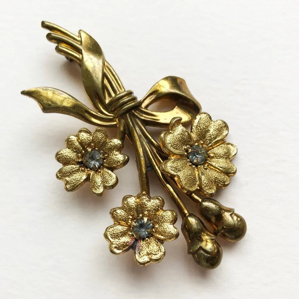 Vintage crystal flower brooch, floral rhinestone lapel pin